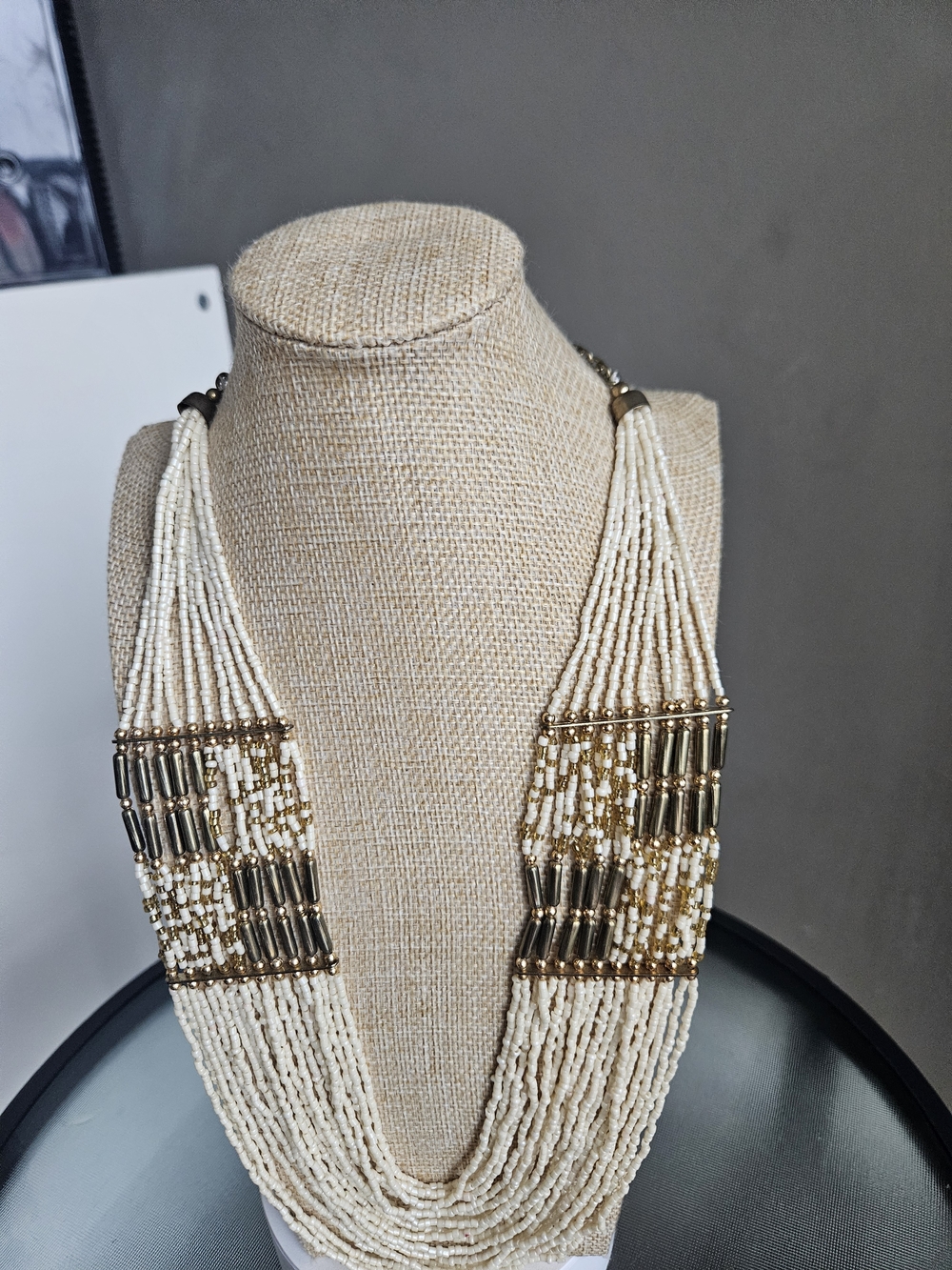 Multi-Strand Cream Beaded Statement Necklace with Gold Accents